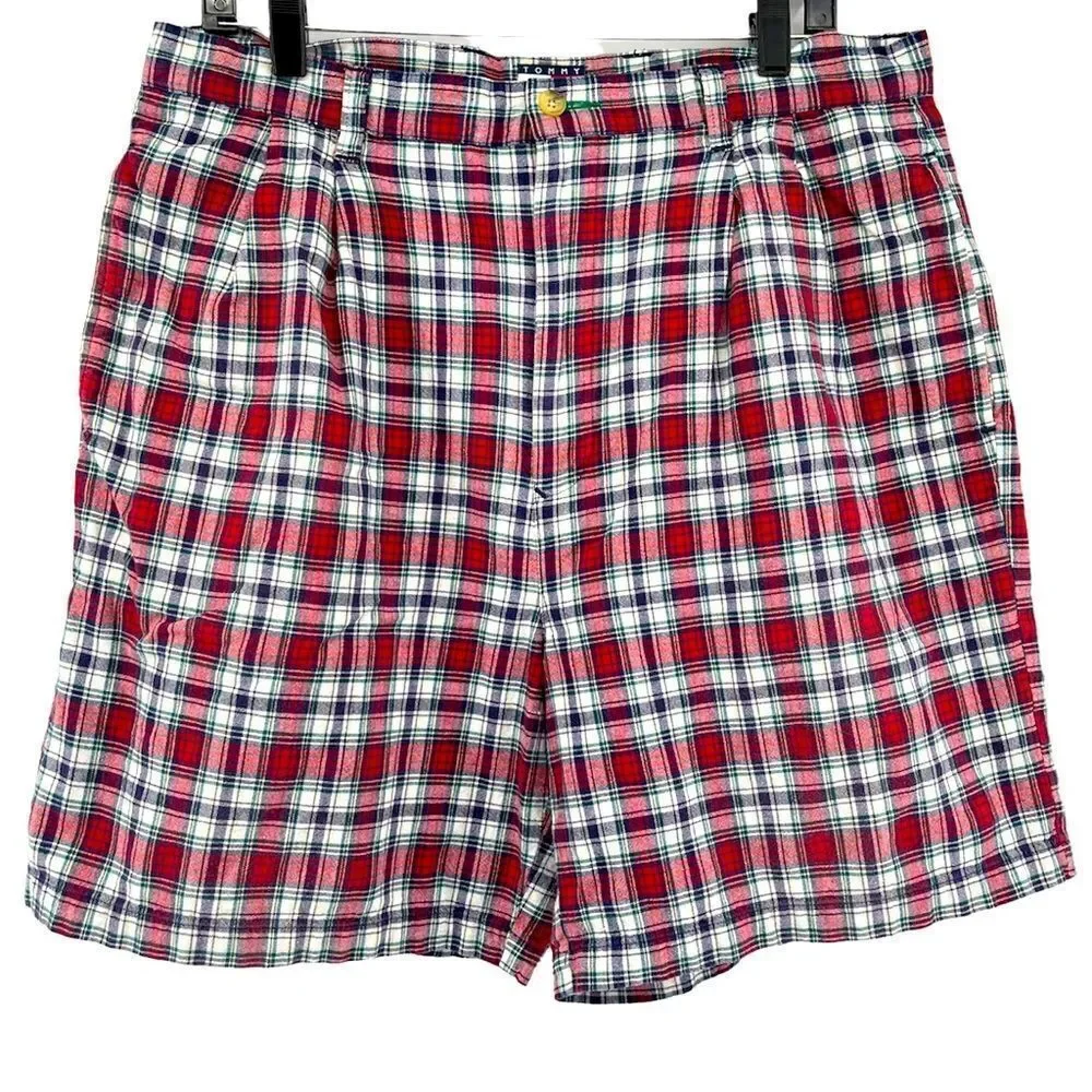 Tommy Hilfiger Men’s Plaid Shorts Size 36 Pleated Red Blue Preppy Golf Summer